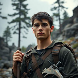 A tall and robust young man named Bruce, 20 years old, stands prominently in a rugged wilderness setting, encapsulating his journey of redemption