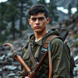 A tall and robust young man named Bruce, 20 years old, stands prominently in a rugged wilderness setting, encapsulating his journey of redemption