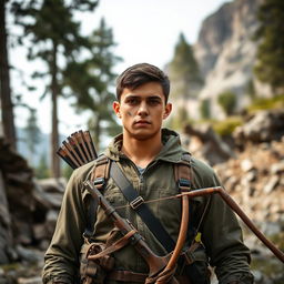 A tall and robust young man named Bruce, 20 years old, stands prominently in a rugged wilderness setting, encapsulating his journey of redemption