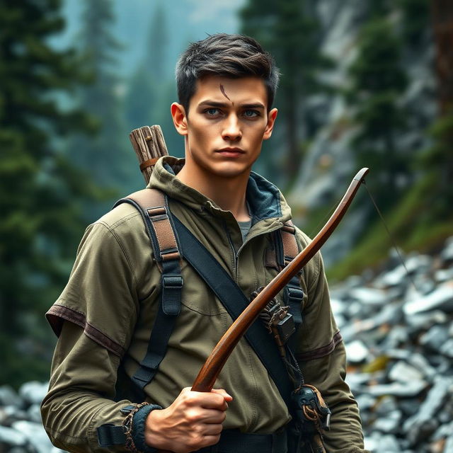 A tall and robust young man named Bruce, 20 years old, stands prominently in a rugged wilderness setting, encapsulating his journey of redemption