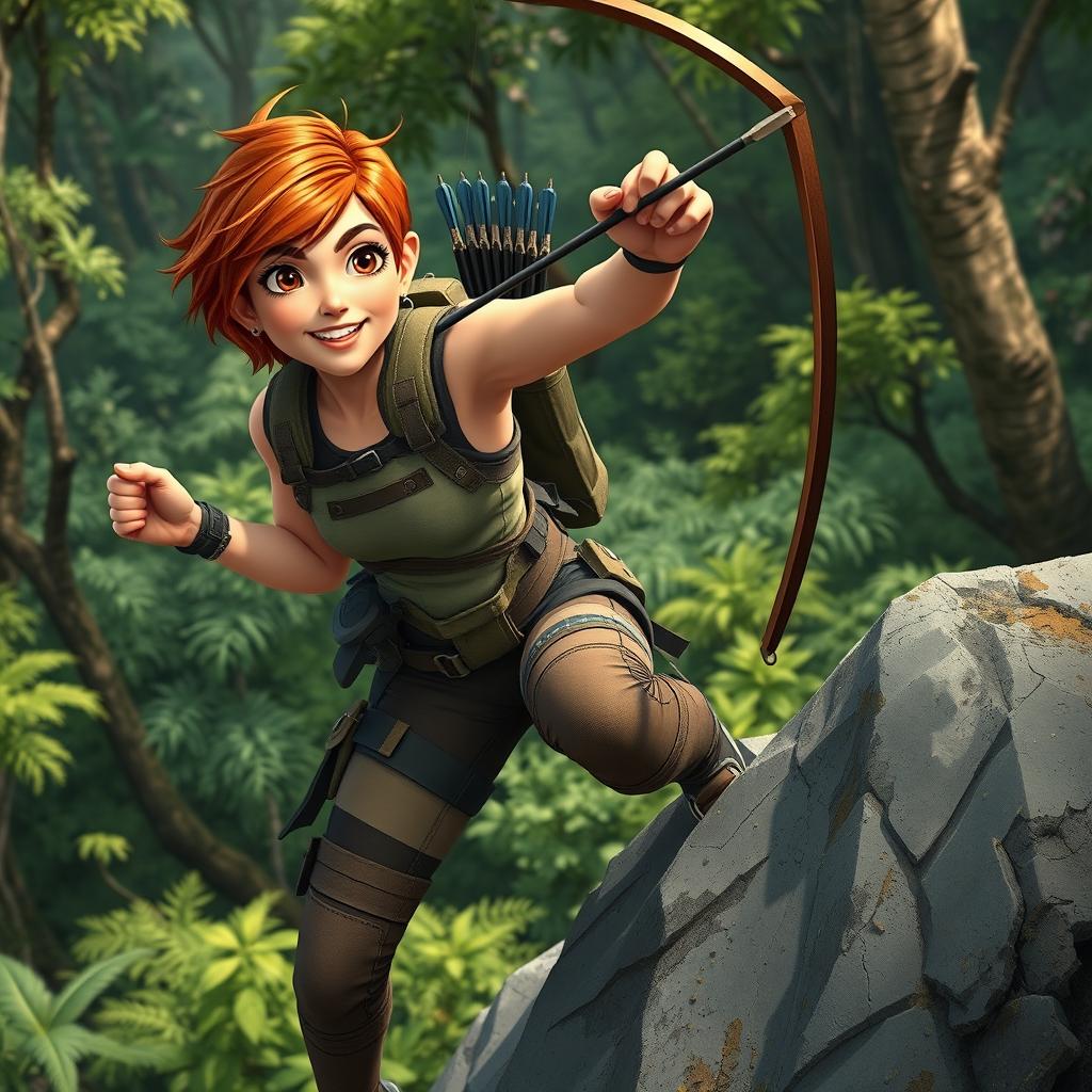 A dynamic and adventurous young woman named Roxanne, or Roxy, aged 19, portrayed in a vibrant forest scene