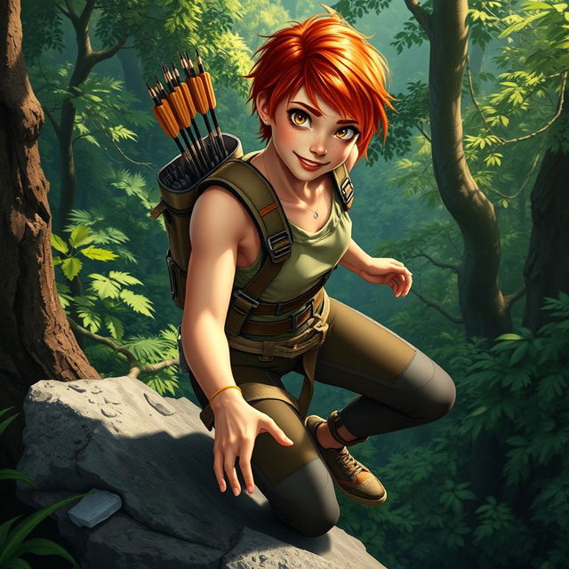 A dynamic and adventurous young woman named Roxanne, or Roxy, aged 19, portrayed in a vibrant forest scene