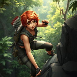 A dynamic and adventurous young woman named Roxanne, or Roxy, aged 19, portrayed in a vibrant forest scene