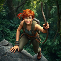 A dynamic and adventurous young woman named Roxanne, or Roxy, aged 19, portrayed in a vibrant forest scene