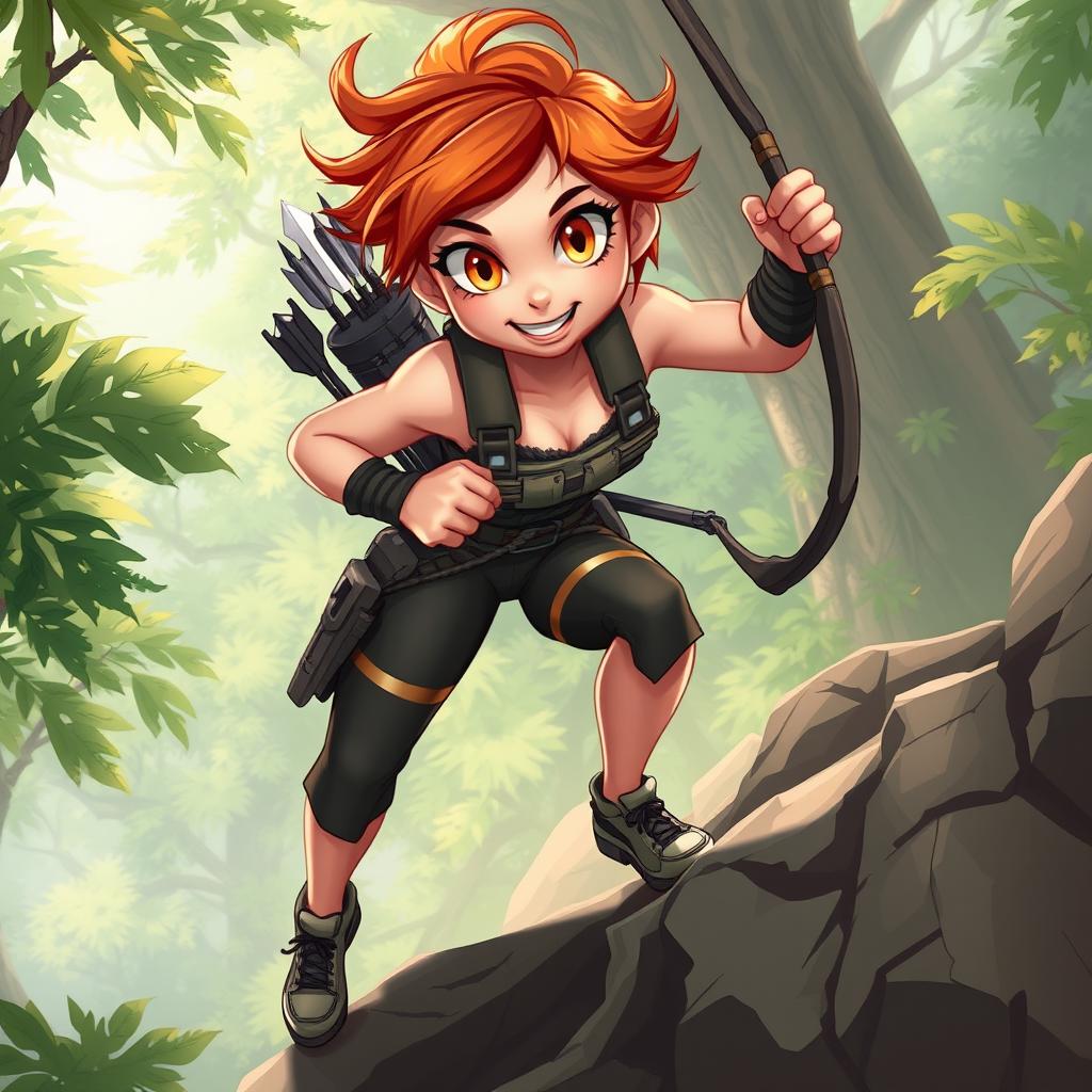A spirited and adventurous young woman named Roxanne, or Roxy, aged 19, depicted in a dynamic forest environment