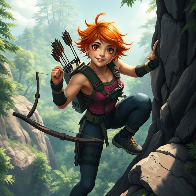 A spirited and adventurous young woman named Roxanne, or Roxy, aged 19, depicted in a dynamic forest environment