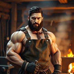 A strong and muscular man named Heitor, aged 28, depicted in a rustic forge setting