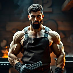 A strong and muscular man named Heitor, aged 28, depicted in a rustic forge setting