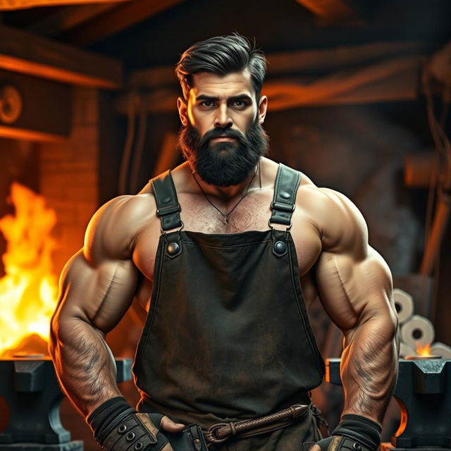 A strong and muscular man named Heitor, aged 28, depicted in a rustic forge setting