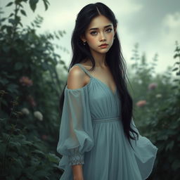 A delicate and introspective young woman named Blue Ivy, aged 18, portrayed in a serene and contemplative setting