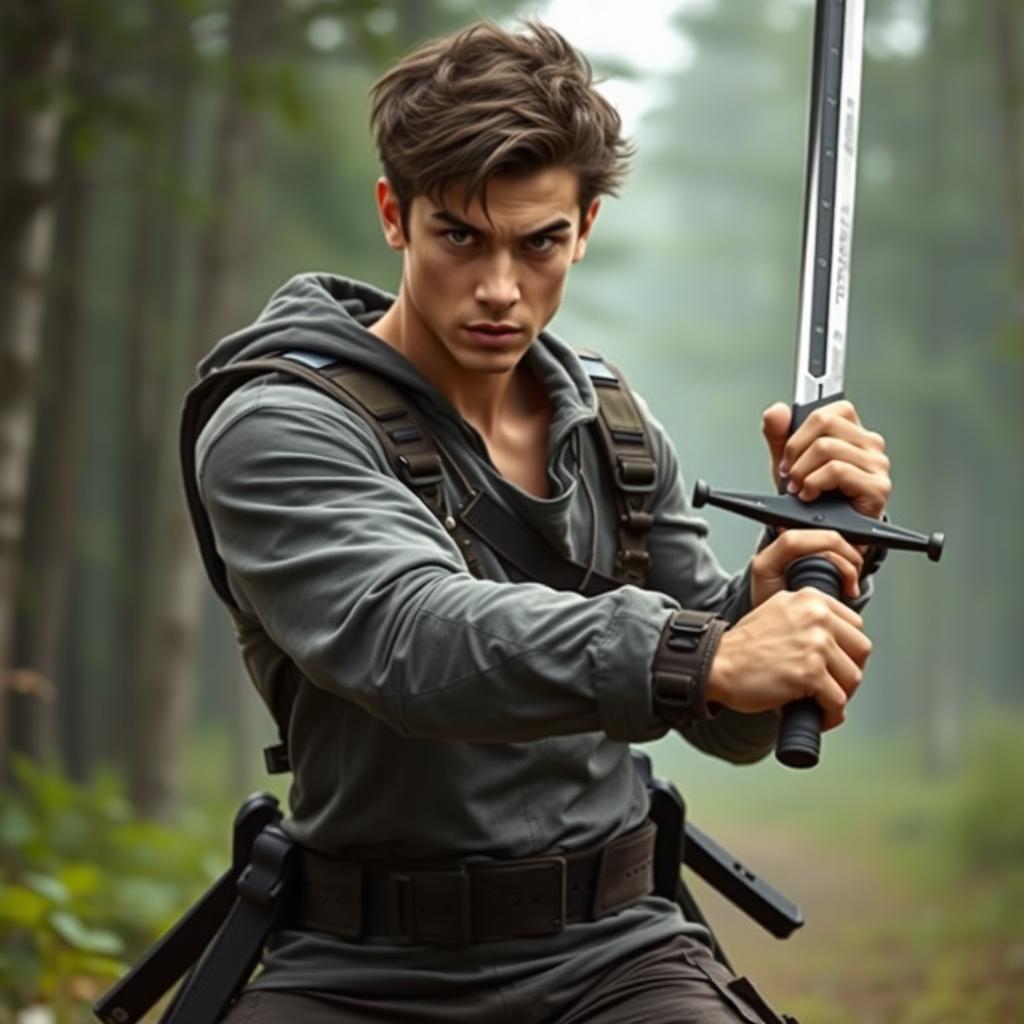 An athletic young man named Dylan, aged 20, depicted in a dynamic action pose