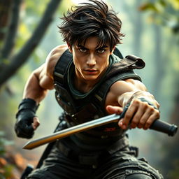 An athletic young man named Dylan, aged 20, depicted in a dynamic action pose