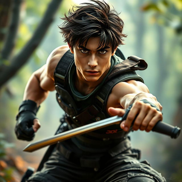 An athletic young man named Dylan, aged 20, depicted in a dynamic action pose