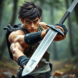 An athletic young man named Dylan, aged 20, depicted in a dynamic action pose