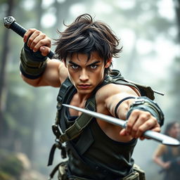 An athletic young man named Dylan, aged 20, depicted in a dynamic action pose