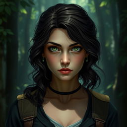 An enigmatic young woman named Zalie, approximately 25 years old, portrayed in a poised and serious manner