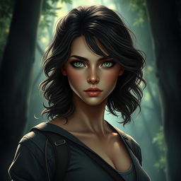 An enigmatic young woman named Zalie, approximately 25 years old, portrayed in a poised and serious manner