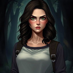An enigmatic young woman named Zalie, approximately 25 years old, portrayed in a poised and serious manner