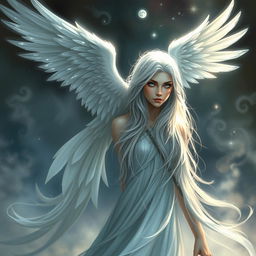An ethereal and supernatural being named Morgan, depicted in both avian and human forms