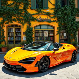 A medium shot of an electric orange McLaren 720S parked in front of an antique Italian bookstore