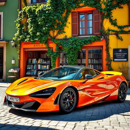 A medium shot of an electric orange McLaren 720S parked in front of an antique Italian bookstore