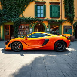 A medium shot of an electric orange McLaren 720S parked in front of an antique Italian bookstore