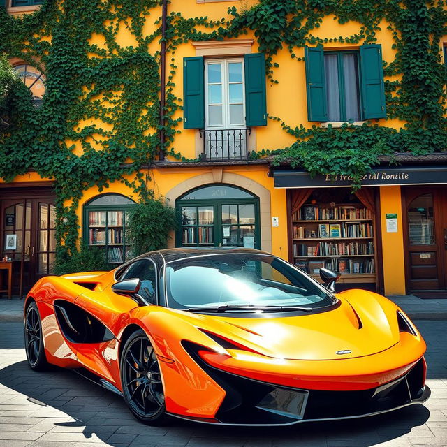 A medium shot of an electric orange McLaren 720S parked in front of an antique Italian bookstore