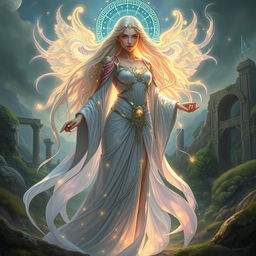 An ethereal guardian figure known as the 'Guardiã', depicted in a captivating and mystical landscape