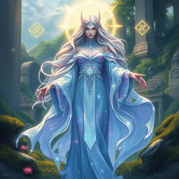 An ethereal guardian figure known as the 'Guardiã', depicted in a captivating and mystical landscape