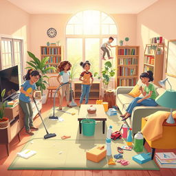 A detailed illustration of a vibrant and lively cleaning scene featuring a diverse group of cheerful individuals engaged in a major house clean-up