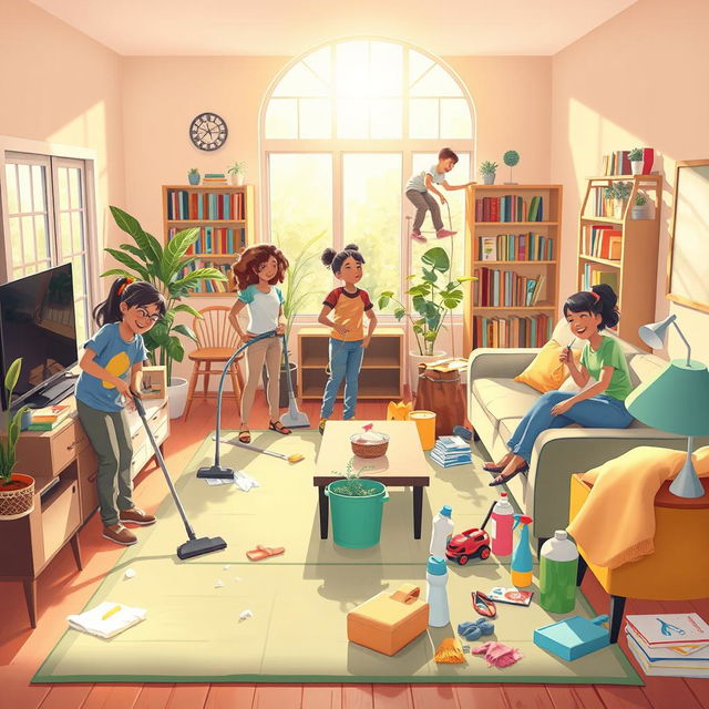 A detailed illustration of a vibrant and lively cleaning scene featuring a diverse group of cheerful individuals engaged in a major house clean-up