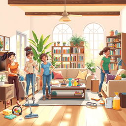 A detailed illustration of a vibrant and lively cleaning scene featuring a diverse group of cheerful individuals engaged in a major house clean-up