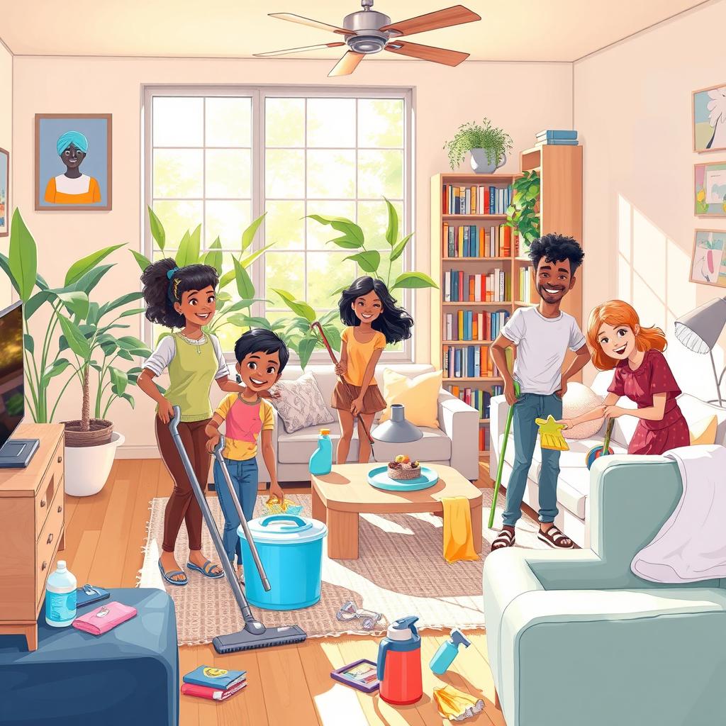 A detailed illustration of a vibrant and lively cleaning scene featuring a diverse group of cheerful individuals engaged in a major house clean-up