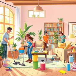 A detailed illustration of a vibrant and lively cleaning scene featuring a diverse group of cheerful individuals engaged in a major house clean-up