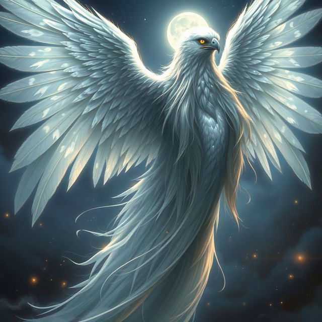 An ethereal and supernatural being named Morgan, depicted primarily in her bird form, which is graceful and majestic, adorned with shimmering silver feathers and stunning wings that represent her ancient essence