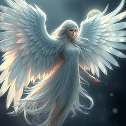An ethereal and supernatural being named Morgan, depicted primarily in her bird form, which is graceful and majestic, adorned with shimmering silver feathers and stunning wings that represent her ancient essence