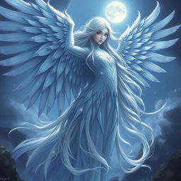 An ethereal and supernatural being named Morgan, depicted primarily in her bird form, which is graceful and majestic, adorned with shimmering silver feathers and stunning wings that represent her ancient essence