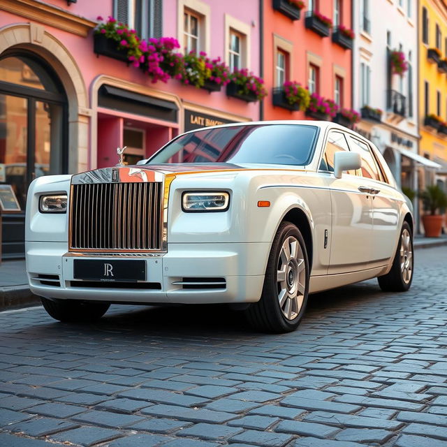 A close-up shot of a pristine white Rolls-Royce Phantom gliding effortlessly down a cobblestone street lined with luxurious boutiques