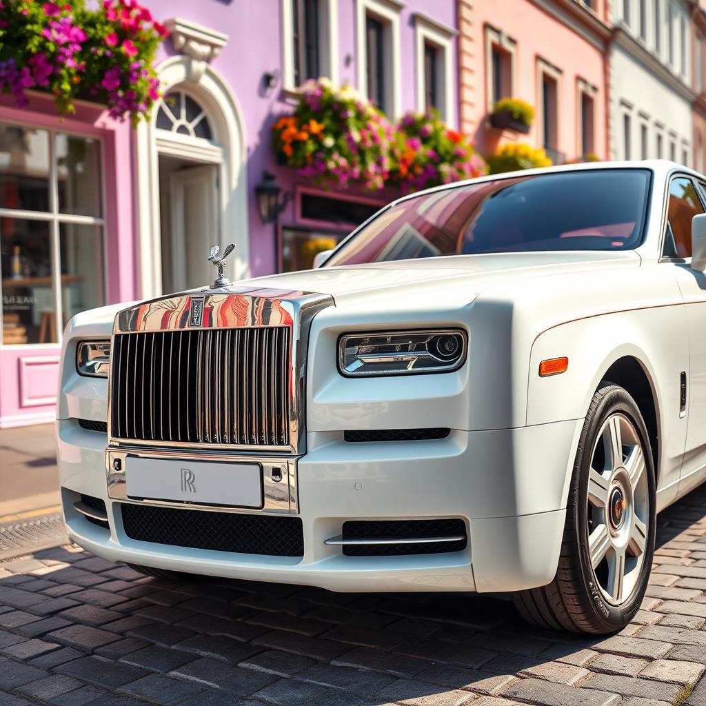 A close-up shot of a pristine white Rolls-Royce Phantom gliding effortlessly down a cobblestone street lined with luxurious boutiques