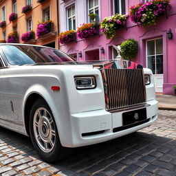 A close-up shot of a pristine white Rolls-Royce Phantom gliding effortlessly down a cobblestone street lined with luxurious boutiques