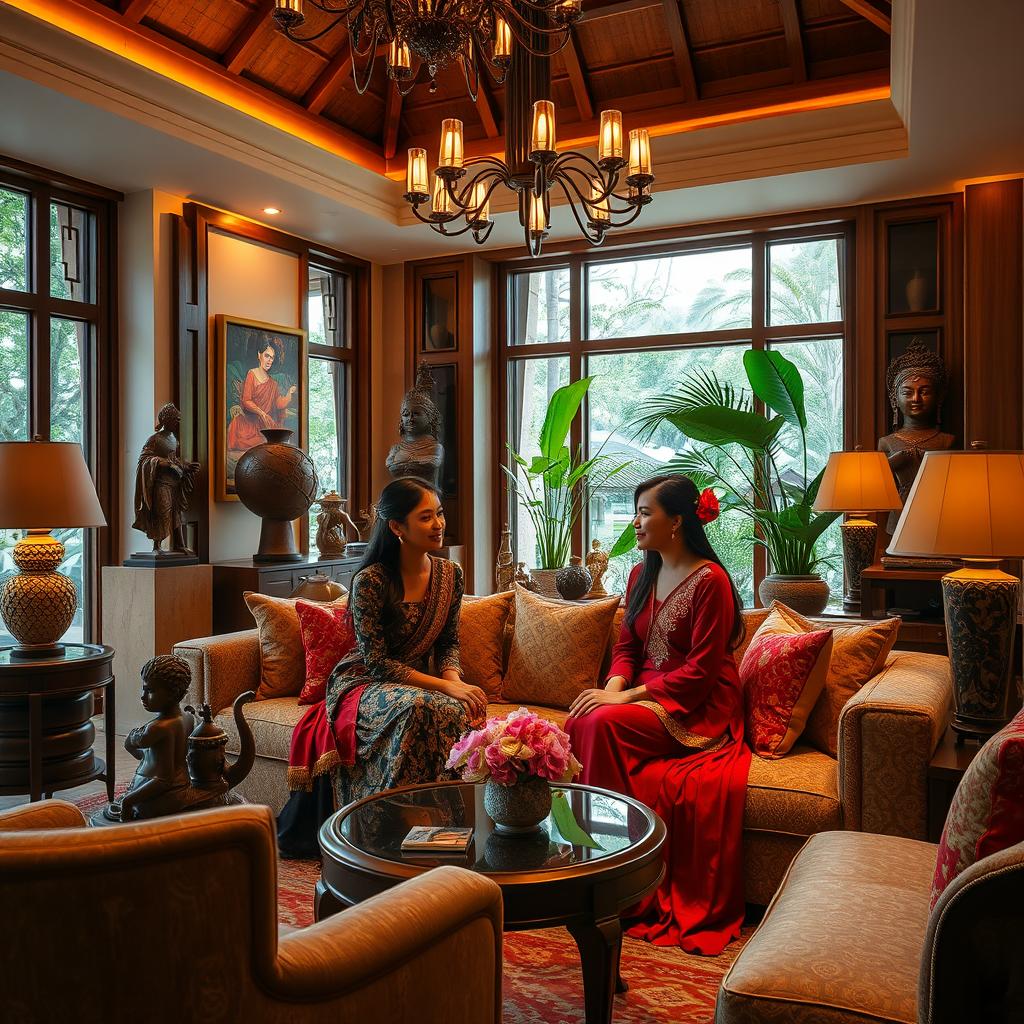 A luxurious living room in the style of Hjab Elegan, featuring elegant furnishings, rich textures, and a cozy atmosphere