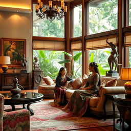 A luxurious living room in the style of Hjab Elegan, featuring elegant furnishings, rich textures, and a cozy atmosphere