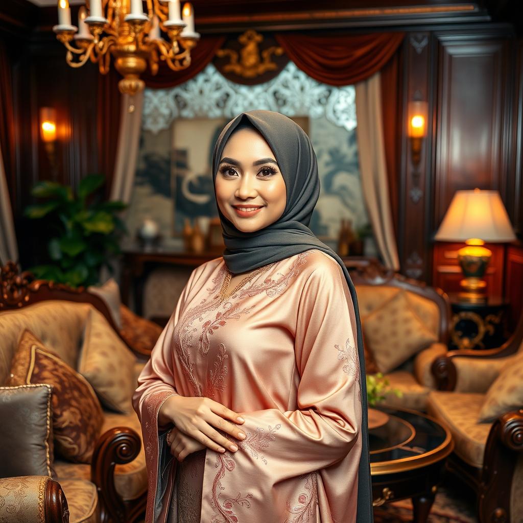 An elegant Indonesian woman wearing a beautiful hijab, gracefully posed in a luxurious living room