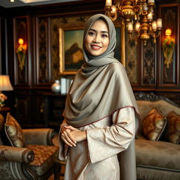 An elegant Indonesian woman wearing a beautiful hijab, gracefully posed in a luxurious living room