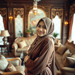 An elegant Indonesian woman wearing a beautiful hijab, gracefully posed in a luxurious living room