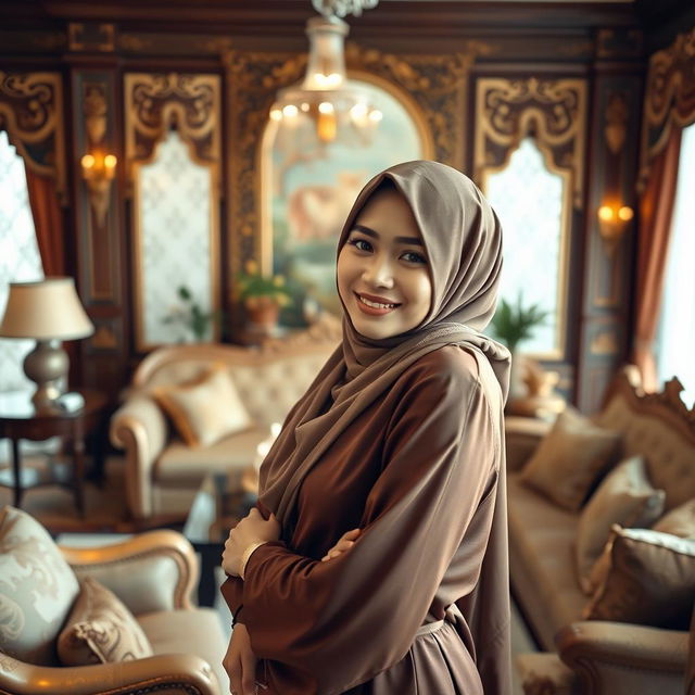 An elegant Indonesian woman wearing a beautiful hijab, gracefully posed in a luxurious living room
