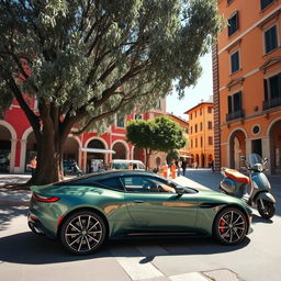 A wide shot of a metallic green Aston Martin DB11 parked gracefully under the shade of a tall olive tree at the edge of a sunlit Italian piazza