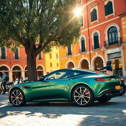A wide shot of a metallic green Aston Martin DB11 parked gracefully under the shade of a tall olive tree at the edge of a sunlit Italian piazza