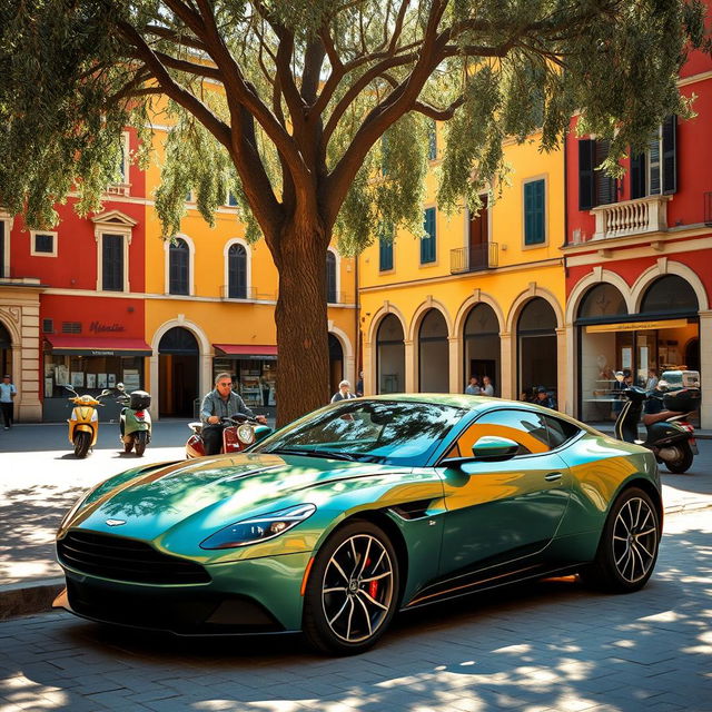 A wide shot of a metallic green Aston Martin DB11 parked gracefully under the shade of a tall olive tree at the edge of a sunlit Italian piazza