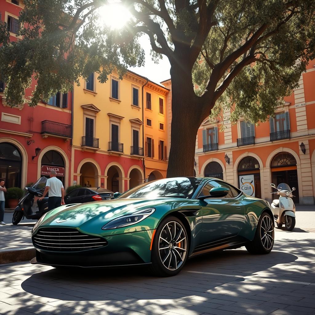 A wide shot of a metallic green Aston Martin DB11 parked gracefully under the shade of a tall olive tree at the edge of a sunlit Italian piazza